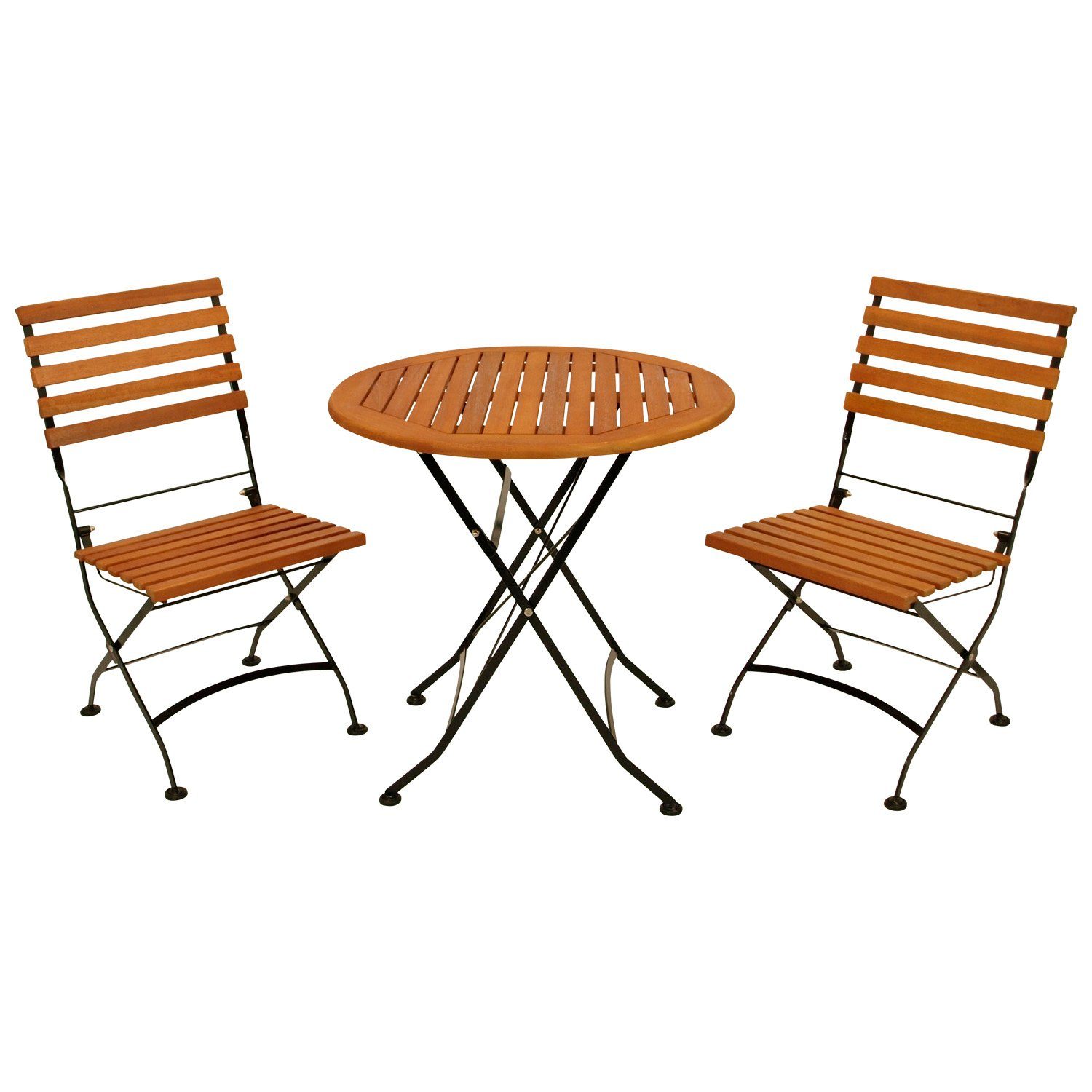 DEGAMO Garten-Essgruppe HOFGARTEN, (3-tlg), 2x Stuhl, 1x Tisch rund 75cm, Stahl schwarz, Eukalyptus