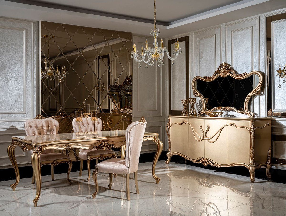 Esstisch Rosa Gold Esszimmer-Set / Möbel Luxus Esszimmer Barock & - 6 Padrino Esszimmerstühle Esszimmer Set / 1 - Casa Weiß Edle im Barockstil