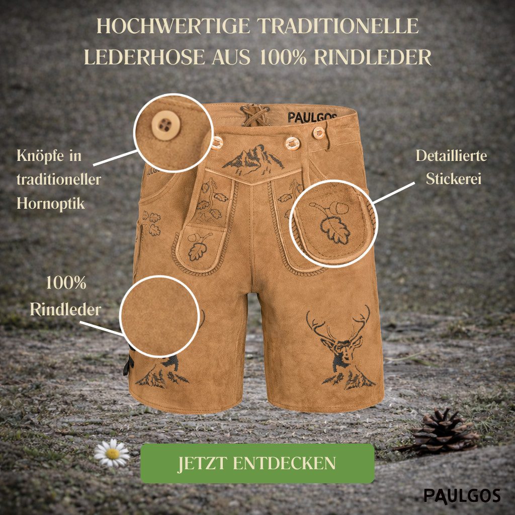 PAULGOS Trachtenhose Herren Lederhose Kurz mit Trägern 100% Echtleder - HK4