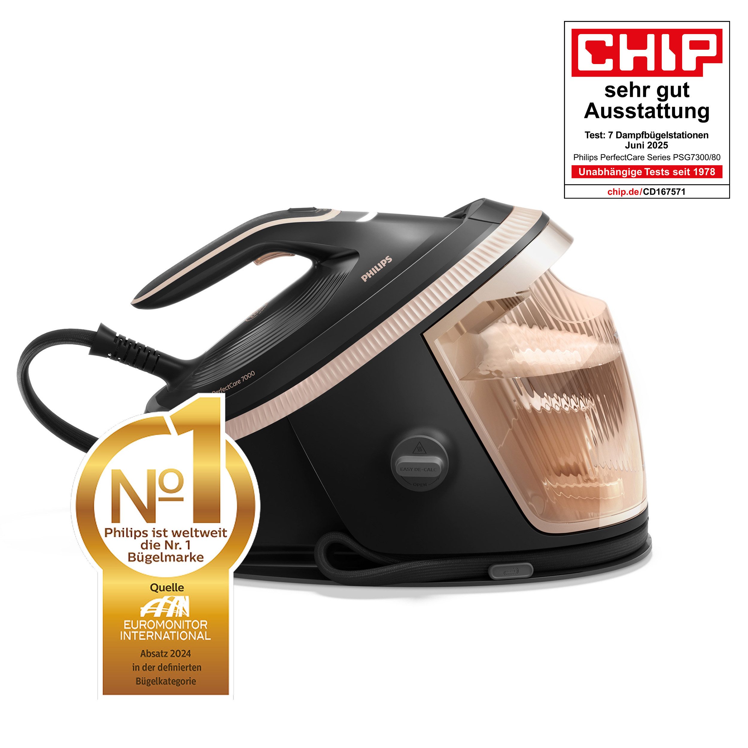 Philips Dampfbügelstation PerfectCare 7000 Series PSG7300/80, Schwarz/Gold, 1500 ml Wassertank, 2.850 Watt, OptimalTemp & TurboPower-Dampfmotor, 650 gr Dampfstoß