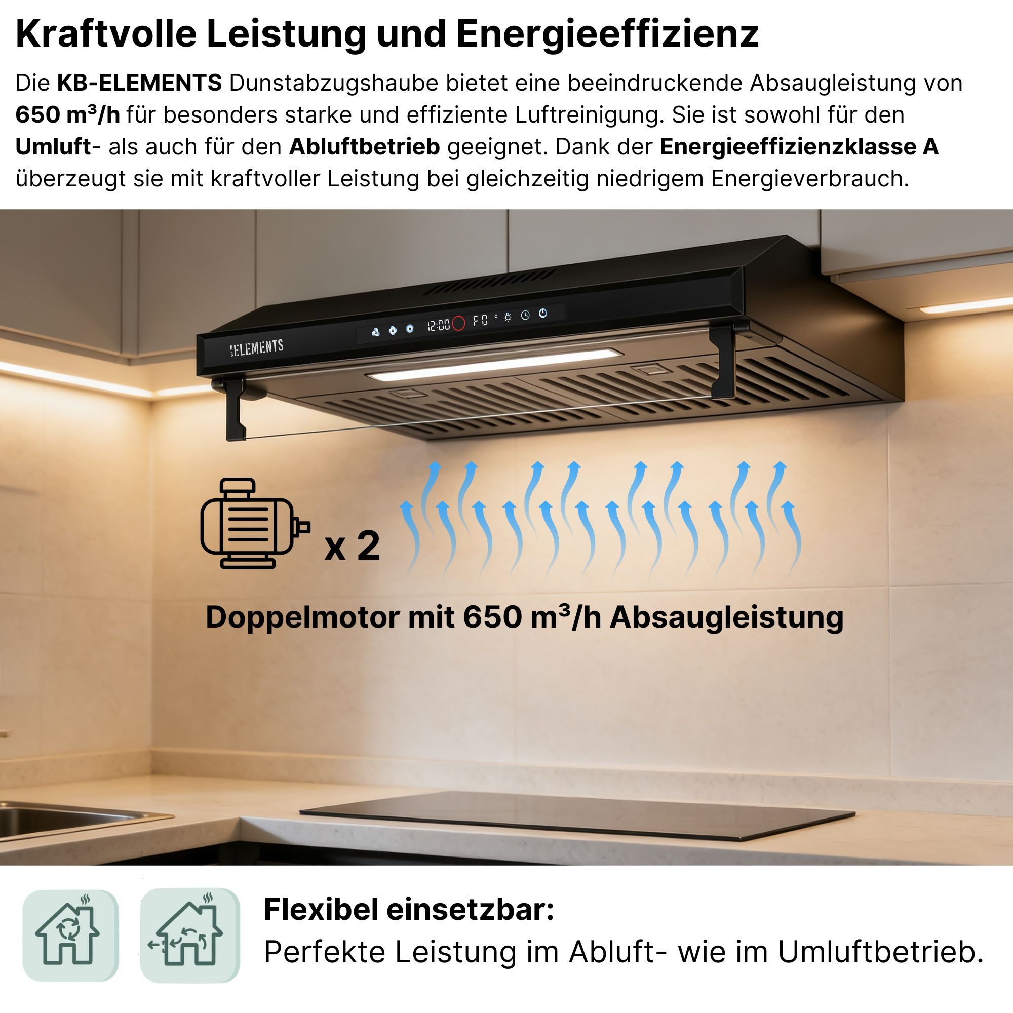 KB Elements Unterbauhaube Doppelter motor 2 x 80 Watt, 650 m³/h Absaugleistung Doppelter motor 2 x 80 Watt, 650 m³/h Absaugleistung, Doppelter motor, Touch / Gestensteuerung
