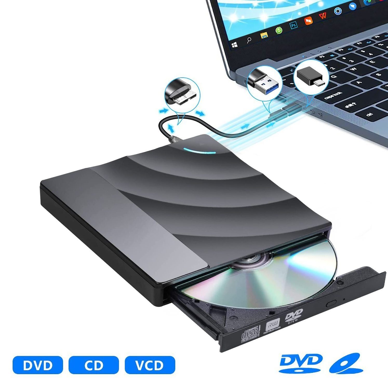 Externer Slim DVD Laufwerk mit Typ-C Anschluss, Slim, CD Brenner DVD-Brenner