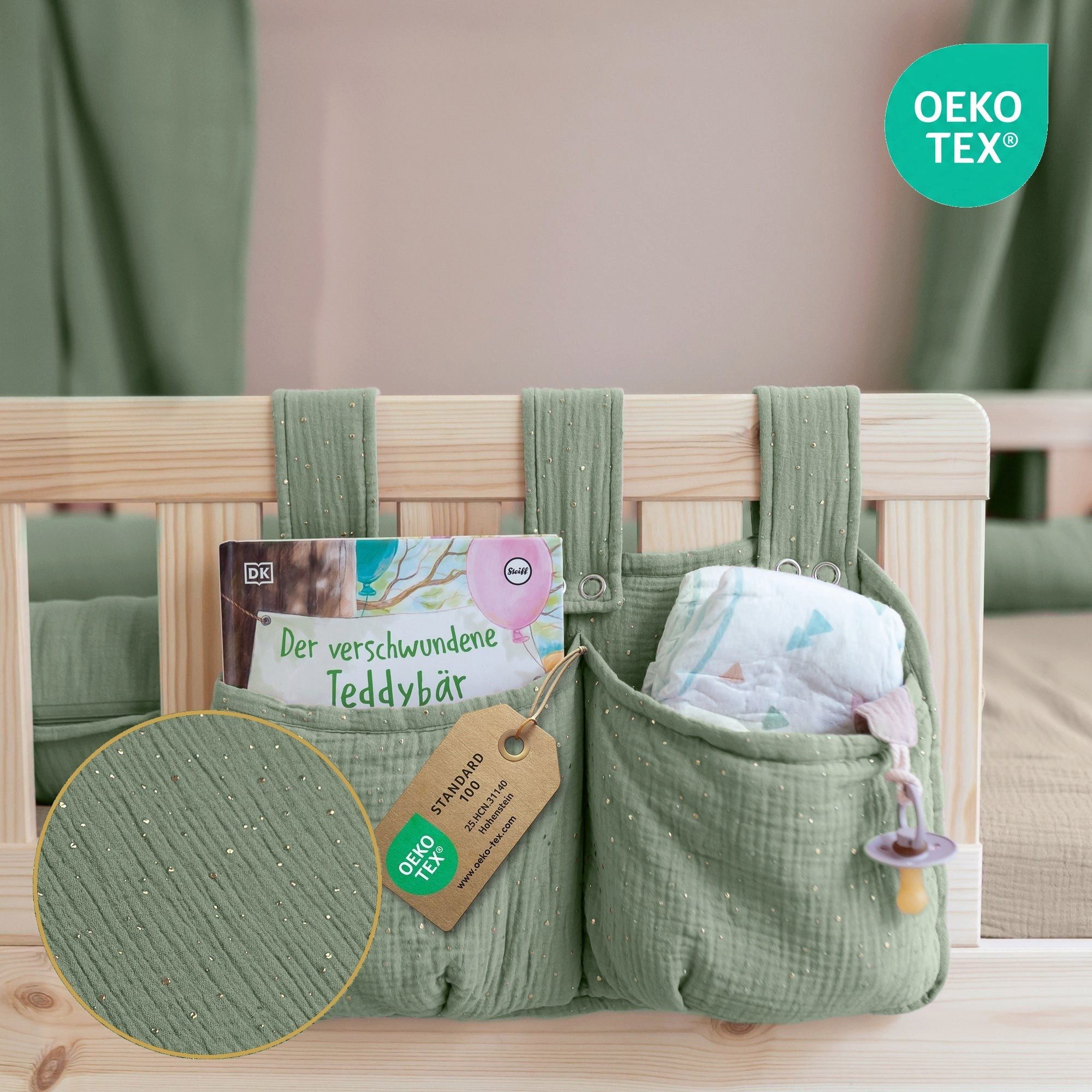 lilimaus Betttasche Bett-Organizer für Kinderbett - Tasche für Spielzeug & Bücher (1-tlg), Bücher & Kuscheltiere griffbereit am Bett - optional mit Gold