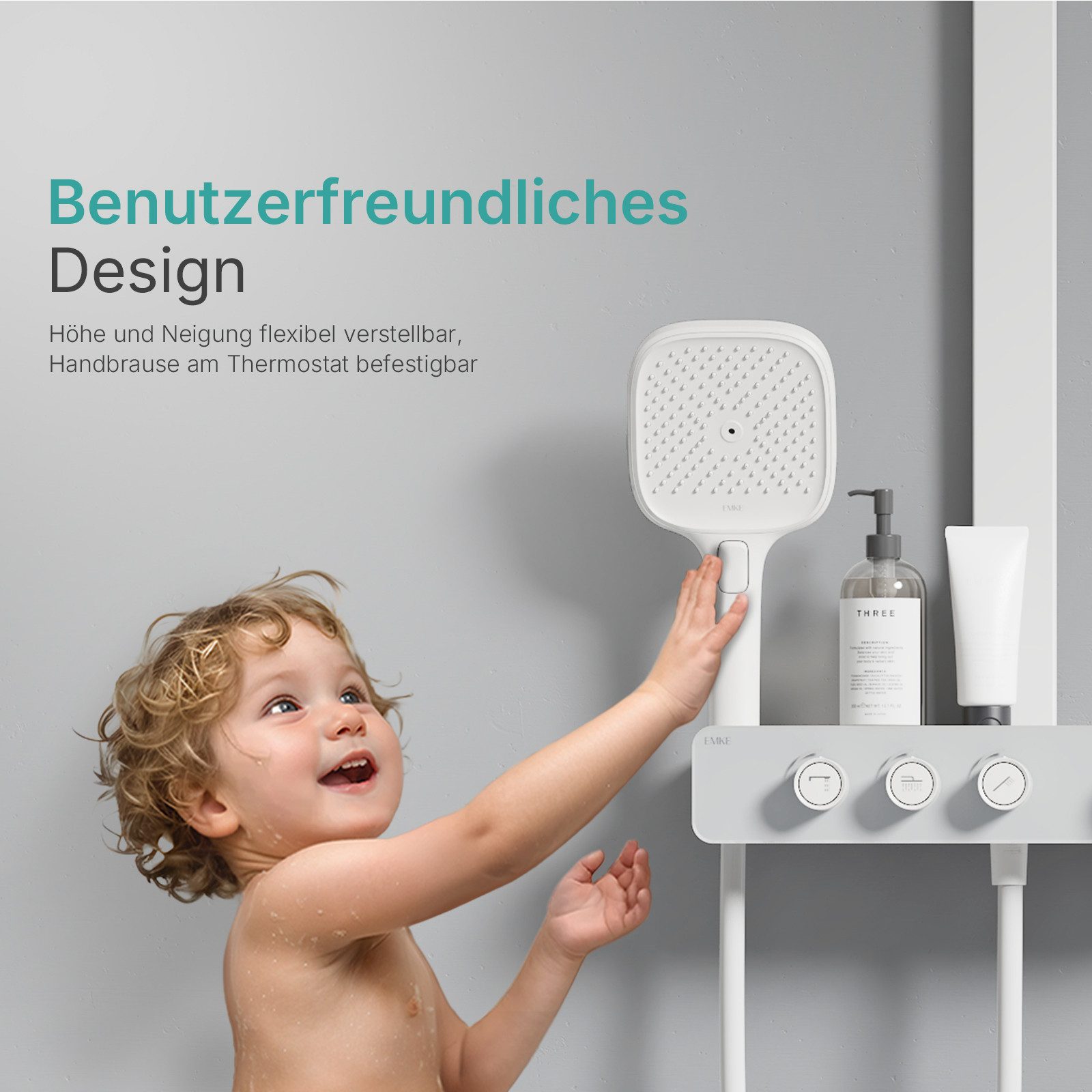 EMKE Duschsystem mit Thermostat, Regendusche und Handbrause – Höhenverstellbare, Höhe 112 cm, 3 Strahlart(en), 36x24 cm Regendusche Handbrause, Brausestange und 150cm Schlauch