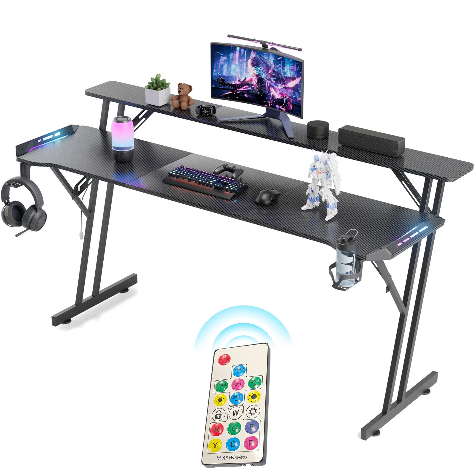 Huracan Gamingtisch 120/140/160 cm mit LED‑RGB‑Beleuchtung & 10‑stufiger Helligkeit (Ergonomischer Gaming Schreibtisch mit Kohlefaser‑Oberfläche, stabiler Z‑Form PC‑Tisch), mit Kopfhörerhaken & Getränkehalter für Gamer & Home‑Office