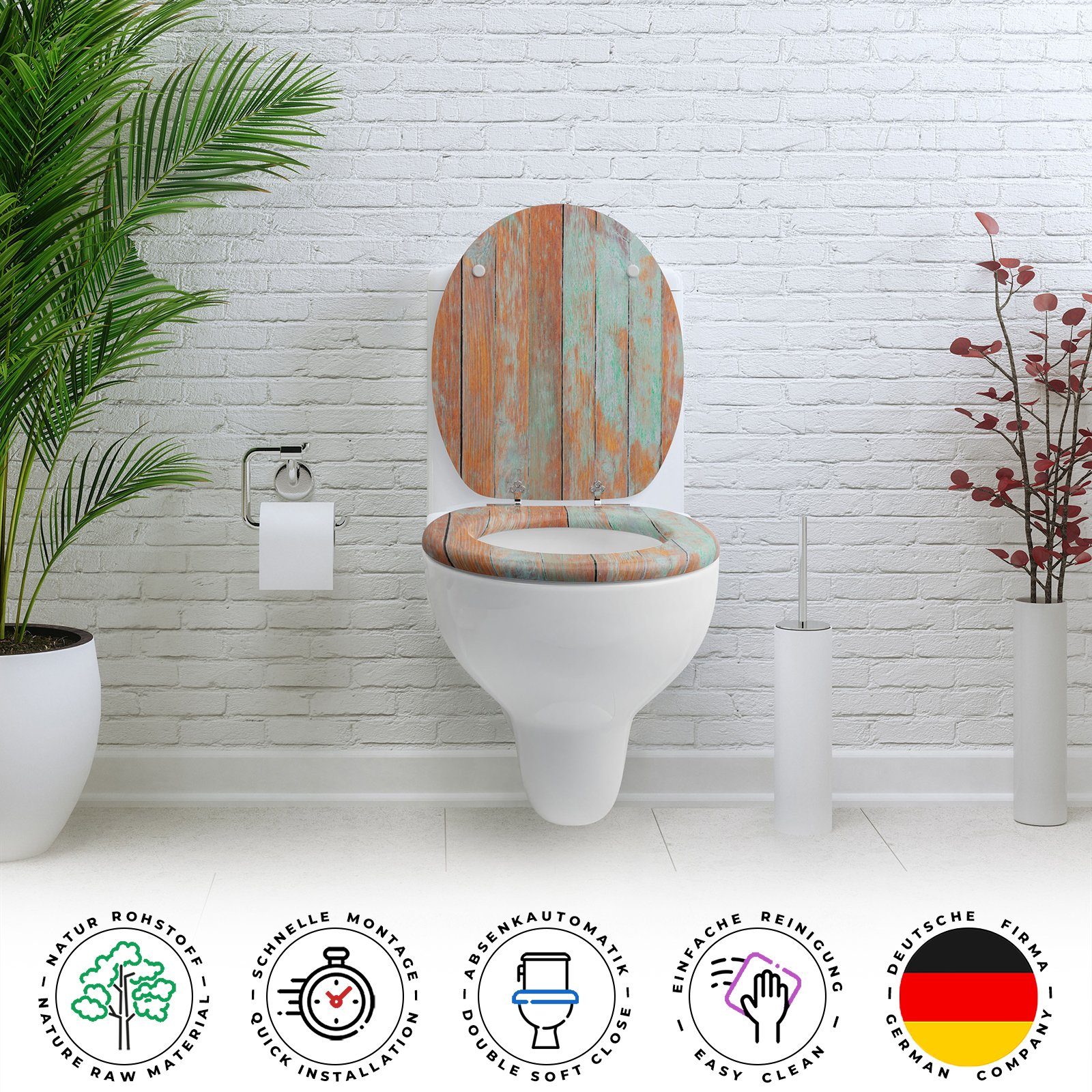 Sanfino® Wc-bril met houten kern en softclose-mechanisme - hoogwaardige kwaliteit en vele kleurrijke motieven, comfortabele zitting, eenvoudige montage inclusief handleiding - Colorful Houses