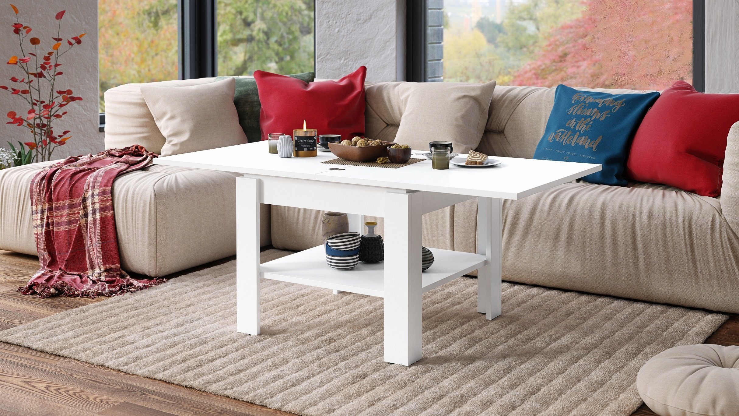Mazzoni Couchtisch Design Tisch Leo Weiß matt aufklappbar 65 - 130cm Esstisch
