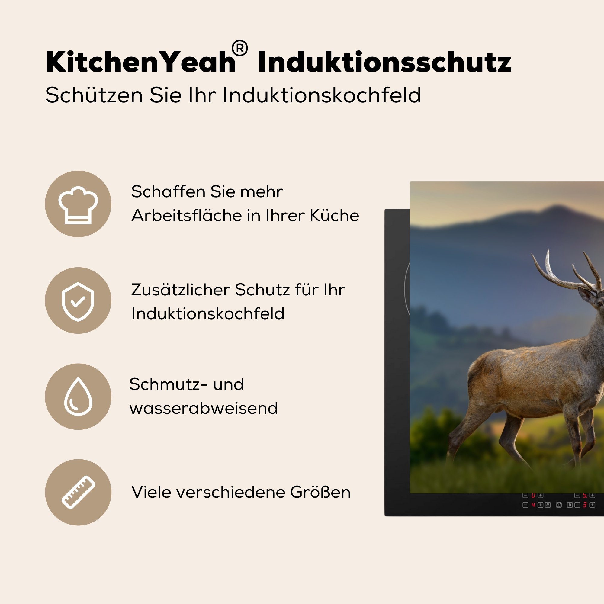 Hirsche - (1 die Tiere Gras MuchoWow 81x52 tlg), - Herdblende-/Abdeckplatte - Berg Ceranfeldabdeckung Induktionskochfeld Vinyl, Sonnenuntergang für - küche, Natur, Schutz - cm,