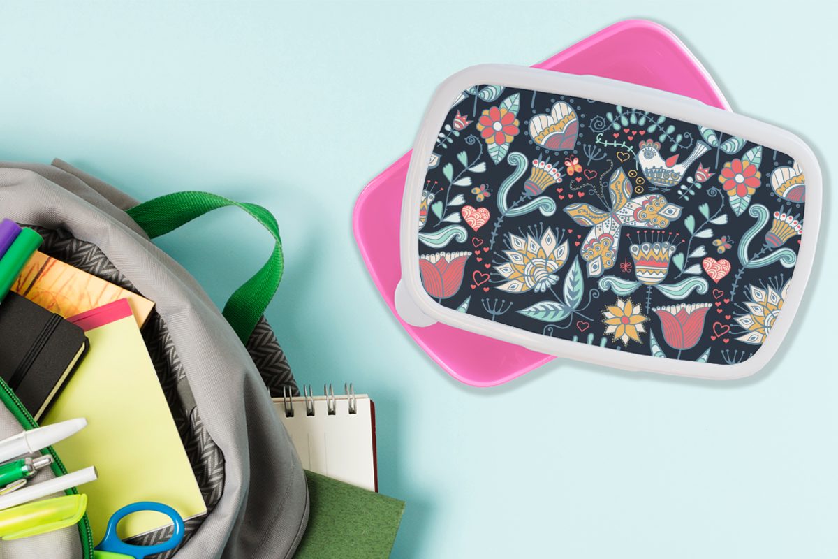 MuchoWow Lunchbox Schmetterling - Kunststoff, Kinder, Brotdose für Snackbox, Brotbox Kunststoff Blume - Erwachsene, Muster, (2-tlg), Vogel rosa - Mädchen