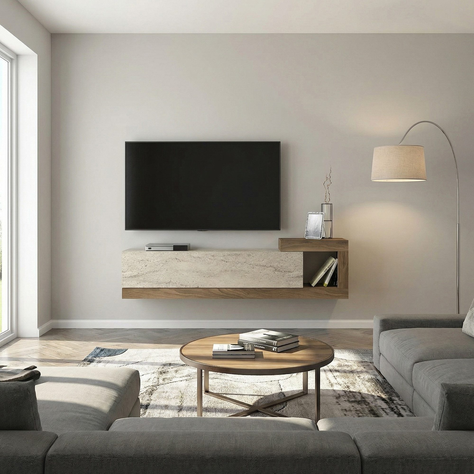 moebel17 Lowboard TV Lowboard Bliss, TV Schrank, Wandmontierte TV-Regale Mit Tür (Einzelmöbel, 1 St., Besteht aus 1 TV Lowboard), Pflegeleichte Oberfläche, Granitoptik