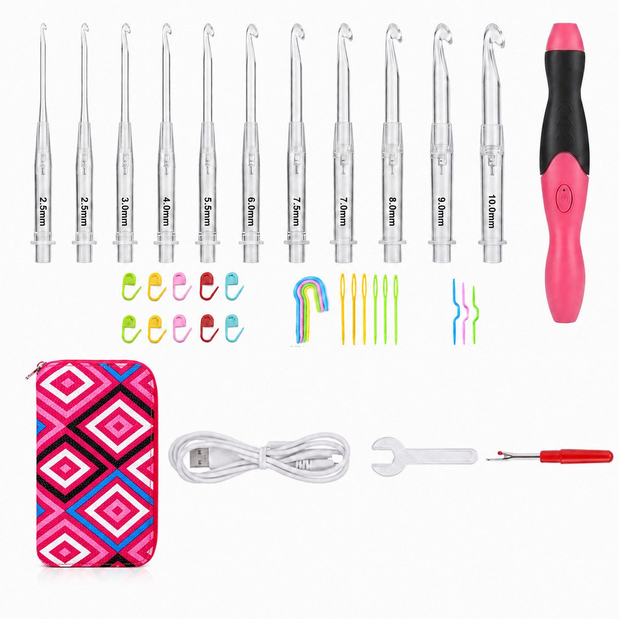 Cetipaw Häkelnadeln 11-in-1ergonomisches Häkelnadel-Set LED-Licht-austauschbare Hakenköpfe, 11 in 1, 2,5-8,0 mm, Garnnadeln, Maschenmarkierer, Lineal, Aufbewahrungsbox