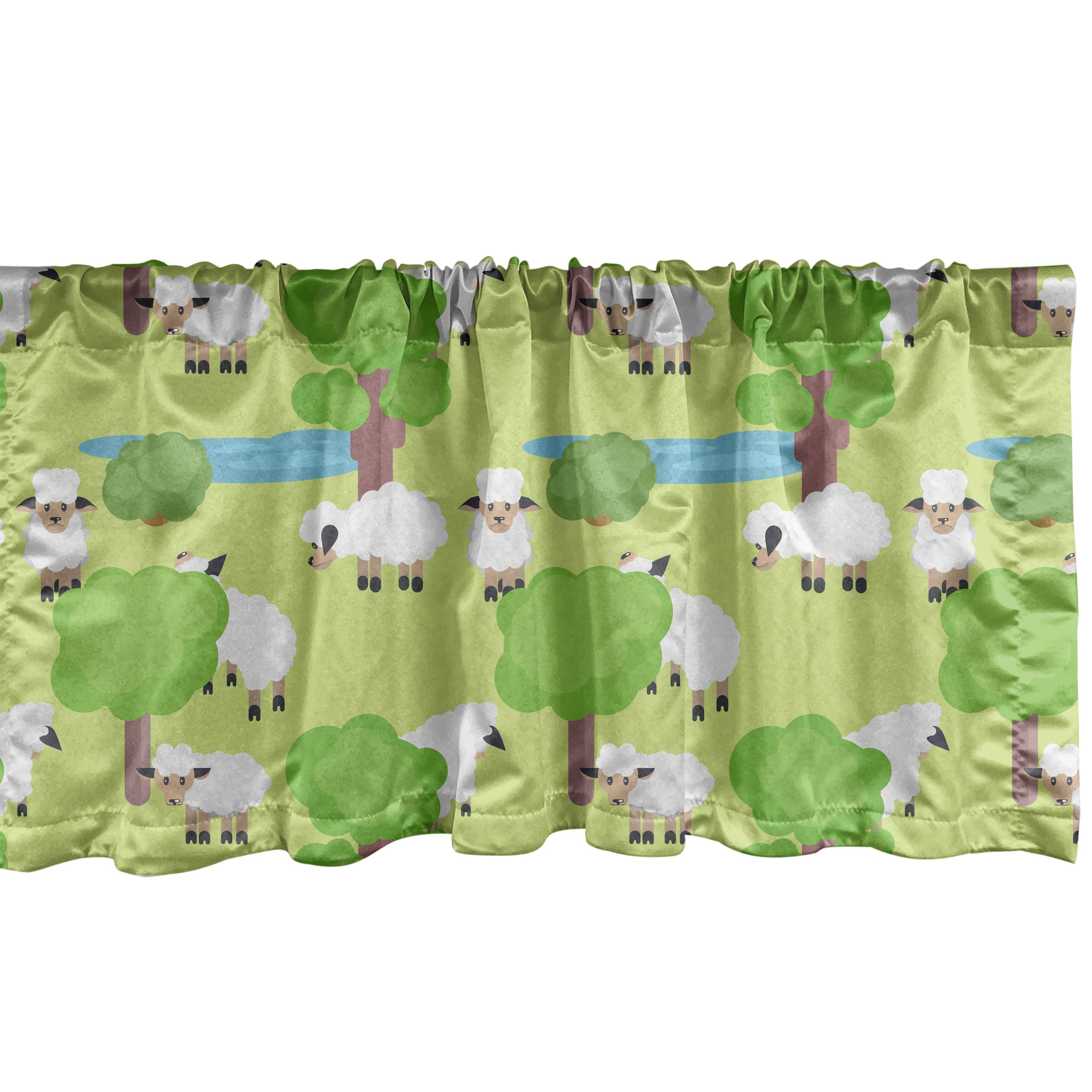 Scheibengardine Vorhang Volant für Küche Schlafzimmer Dekor mit Stangentasche, Abakuhaus, Microfaser, Bauernhoftier Cartoon Schafe im Wald
