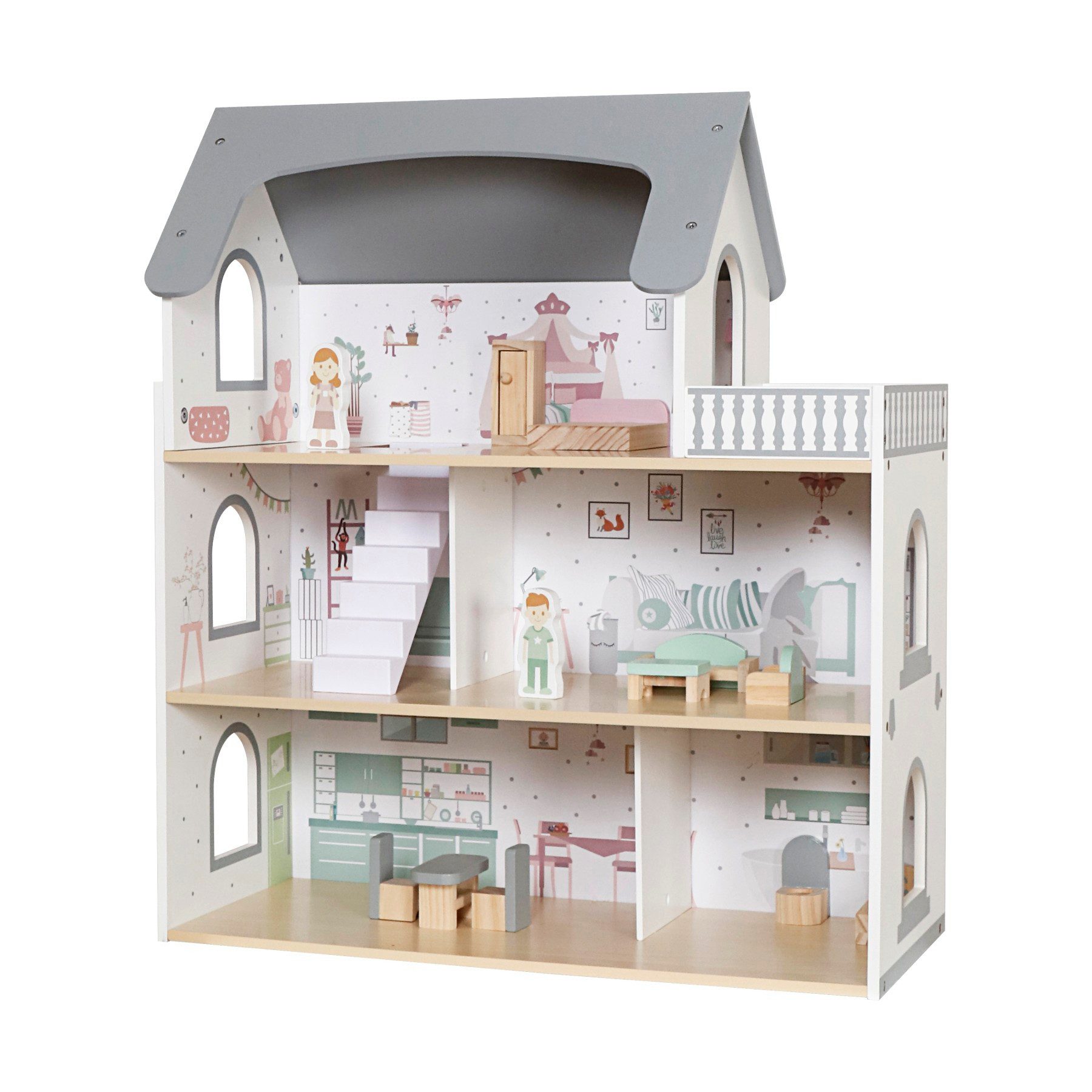 TikTakToo Куклыhaus Traumhaftes Куклыhaus Grau mit 14-teiligem Zubehörset, Drei Etagen und Balkon – Spielspaß auf mehreren Ebenen