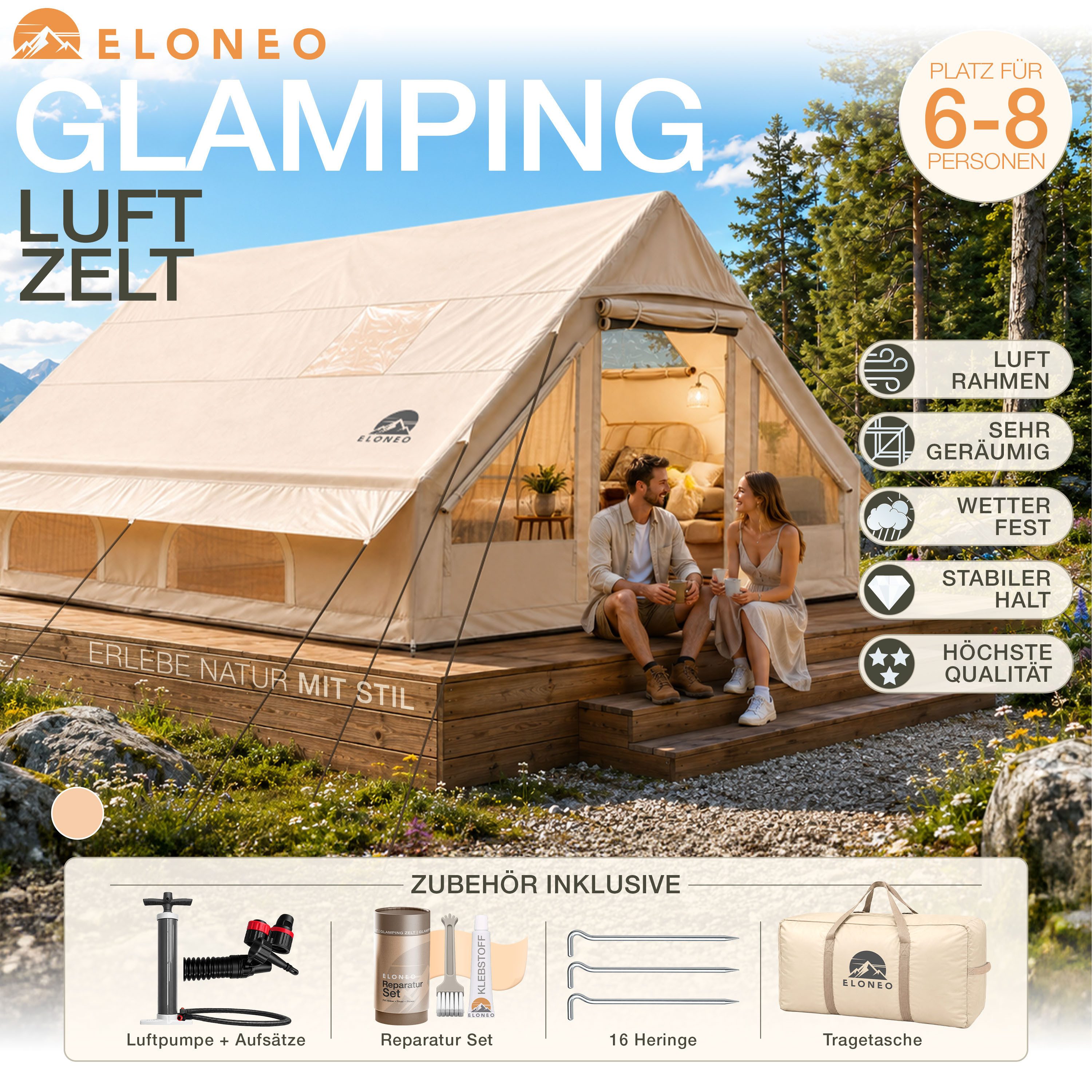 ELONEO aufblasbares Zelt ELONEO Glamping Zelt für 2-8 Personen mit Dachfenster, Personen: 8, UV-Schutz: UV50+