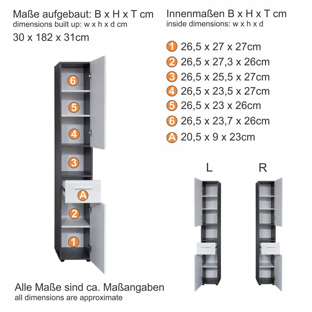 weiß Hochschrank Hochglanz LISBOA-19 30/182/31 Lomadox Sardegna und cm Rauchsilber,