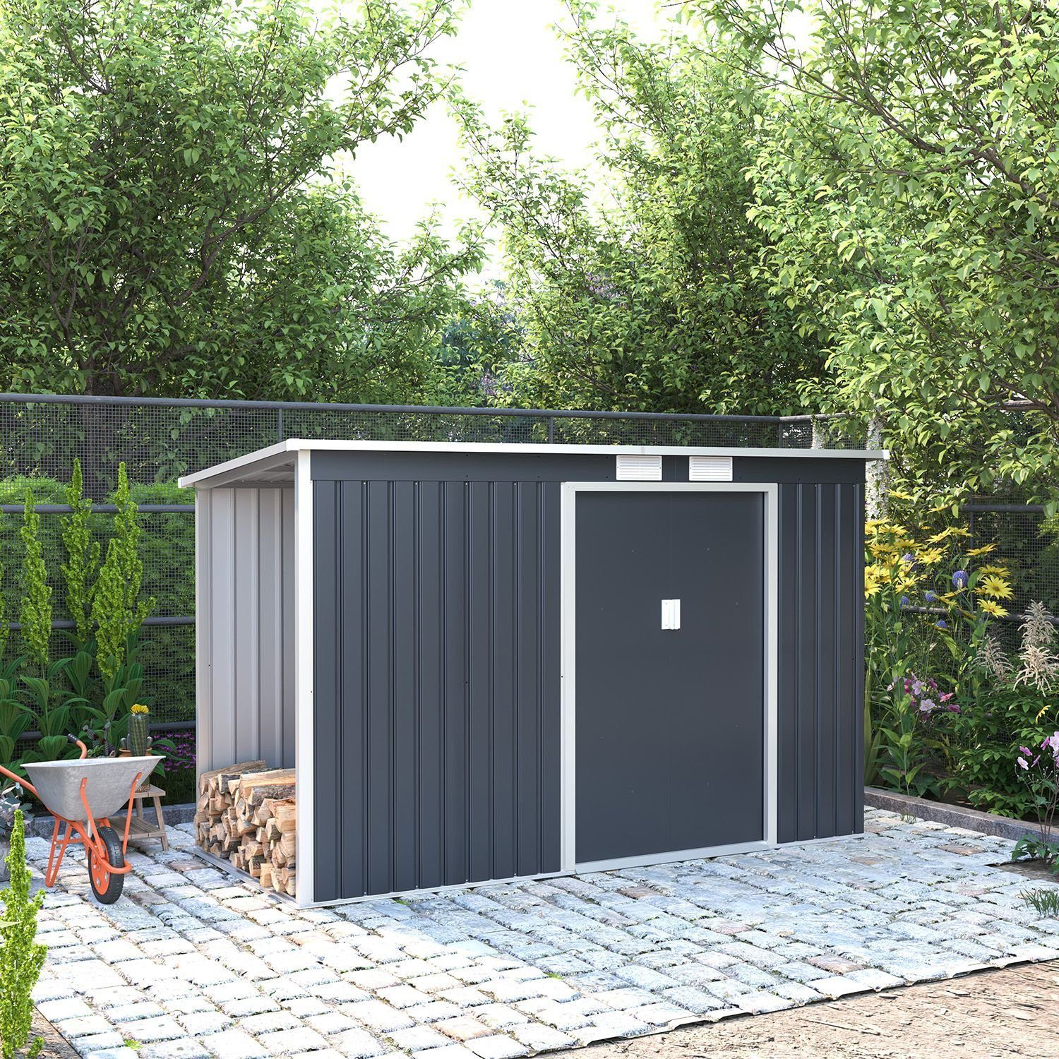 Juskys Gartenhaus M links, mit Holzunterstand günstig online kaufen