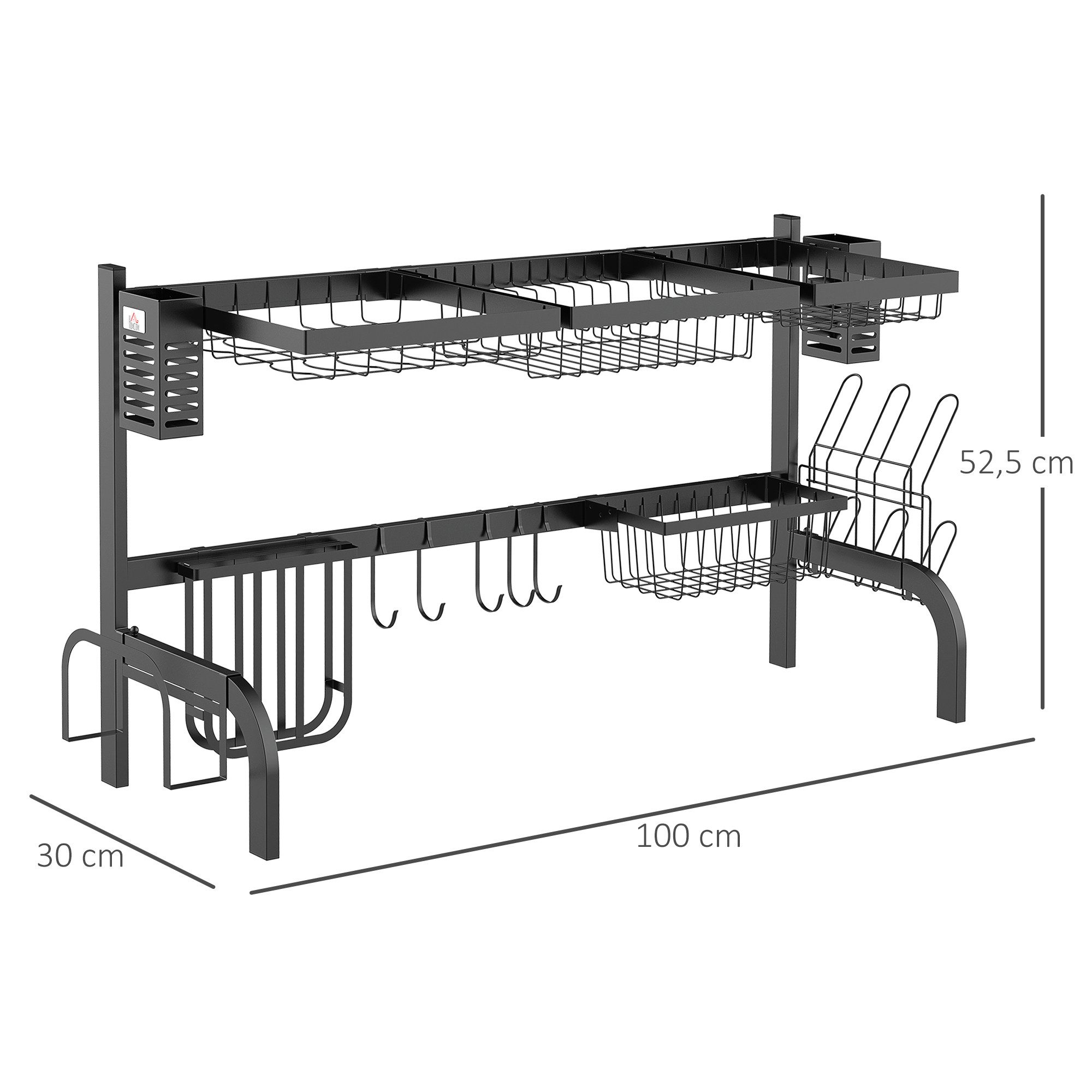 HOMCOM Geschirrständer 2-stufig, mit Haken, Tellerregal, Zubehör, Zubehör für Spülbecken, 100 cm Abtropfgitter Gestell für Küchenspüle, Stahl, Schwarz