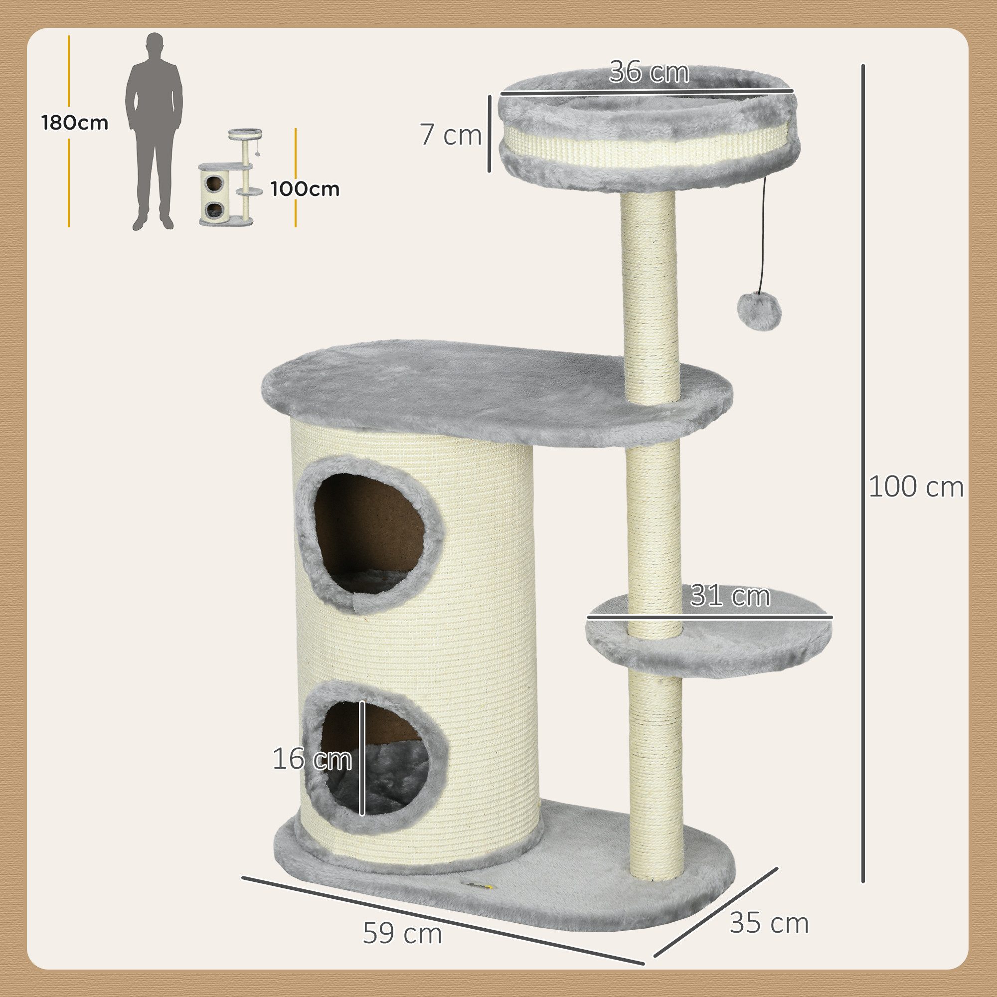 PawHut Kratzbaum Katzenturm mit Kratztonne, Spielball, Katzenkratzbaum, für Katzen bis 5 kg, Plüsch, Grau