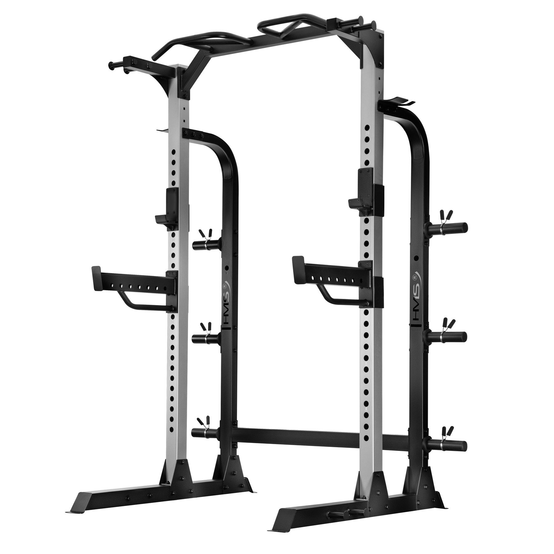HMS Half Rack Kraftstation Trainingsrack, (Spar-Set, 1-tlg., 223 x 164 cm stabil), Stahlkonstruktion, J-Hooks, Klimmzugstange, Bandhalter