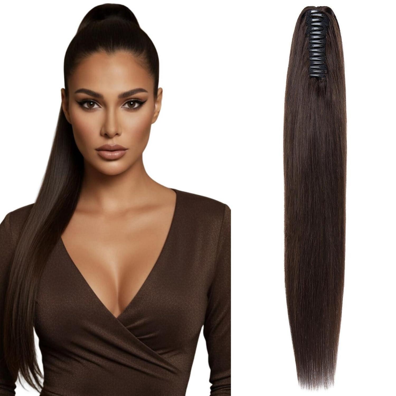 LuxusKollektion Echthaar-Extension Haarverlängerung Ponytail Zopf Echthaar Clip 40cm-105g 02 Dunkel Braun
