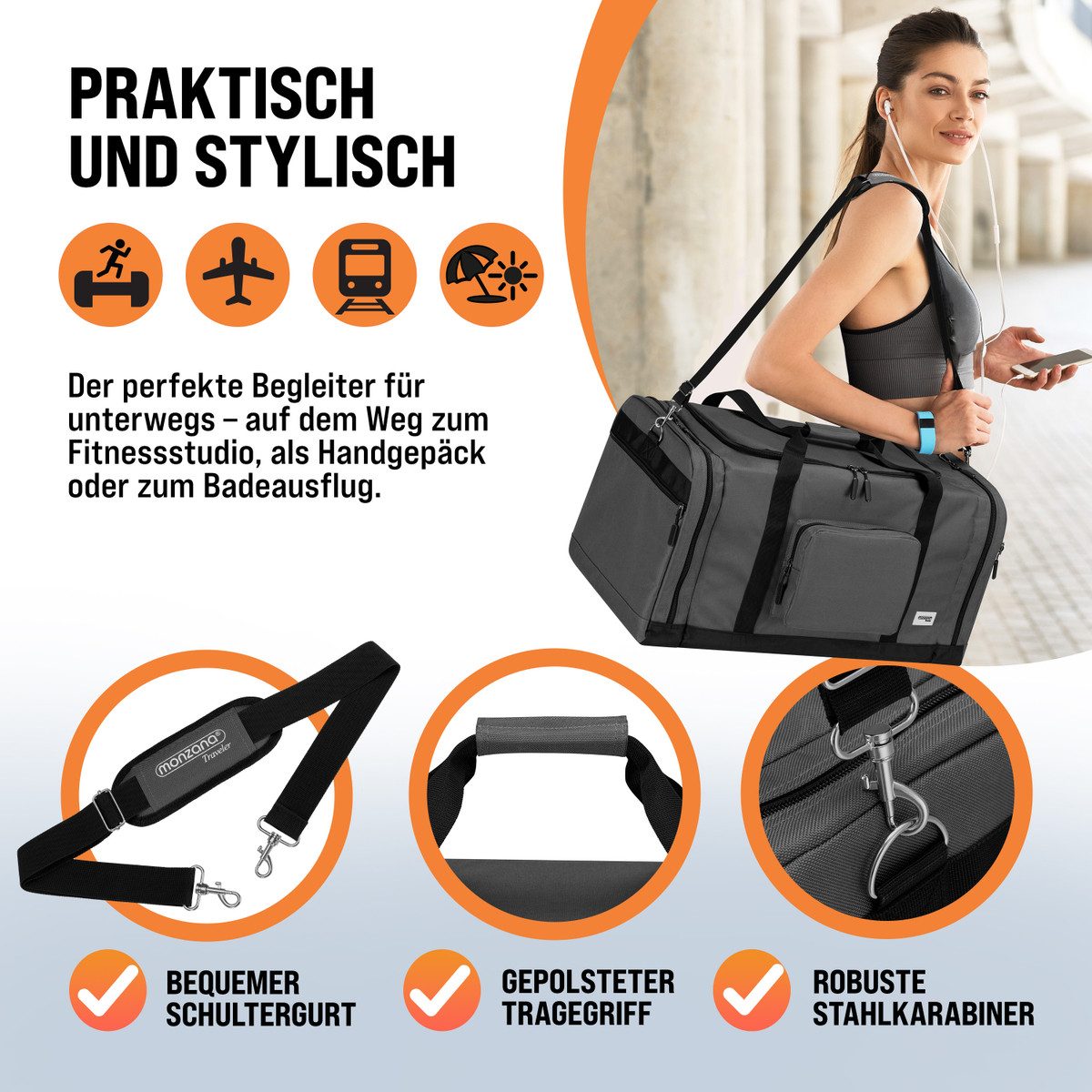 monzana Reisetasche (1-tlg), 90L 70x35x35cm Weekender Duffle Bag Sporttasche – Bild 5 von 5