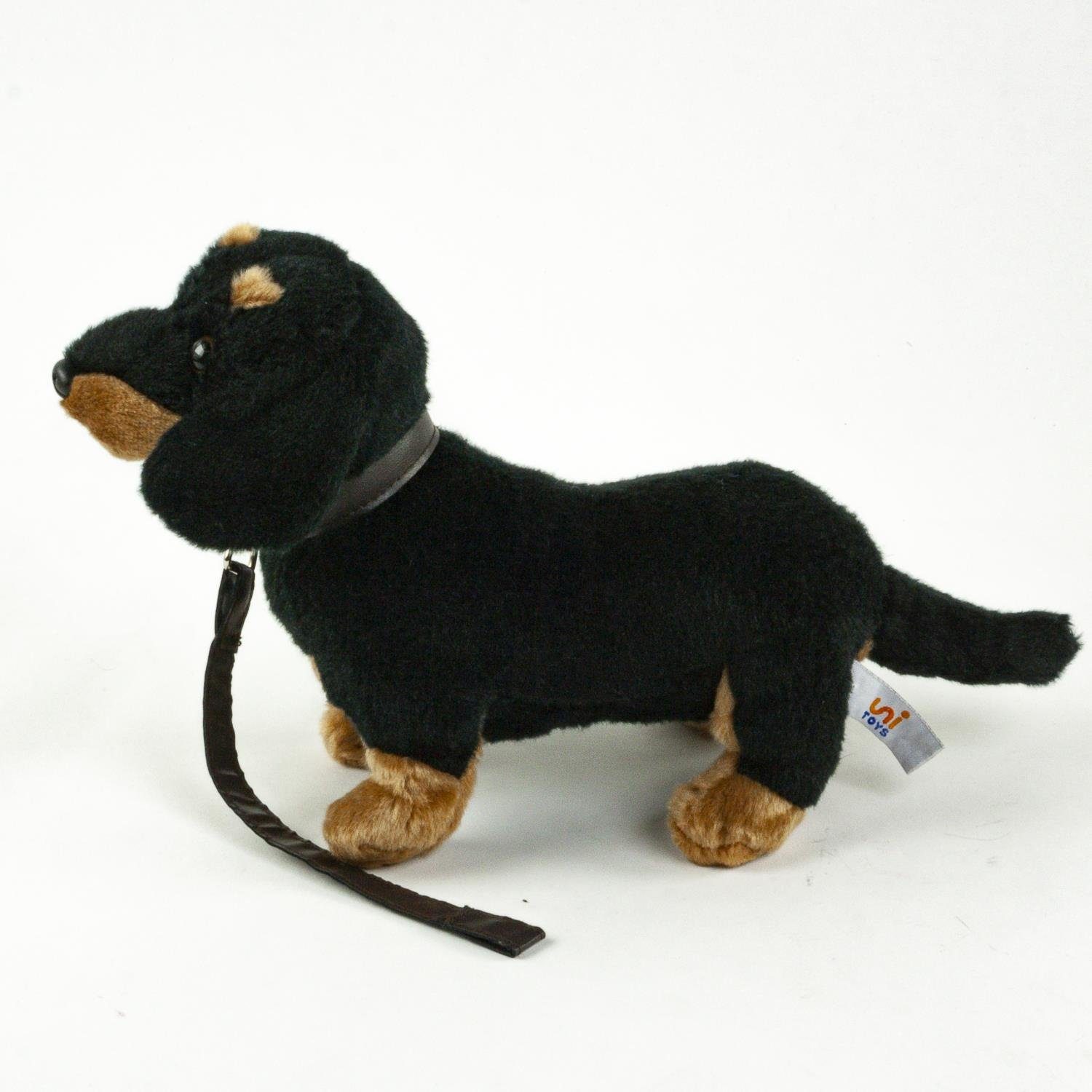 Teddys Rothenburg Kuscheltier Dackel mit Leine 28 cm schwarz-braun stehend Plüschhund Stoffdackel (Plüschdackel, Stofftier, Stoffhund, Plüschtier)
