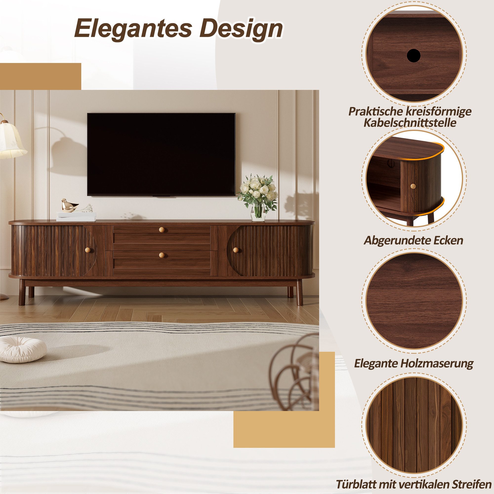 Merax TV-Schrank in Holzoptik mit Lamellentüren & abgerundeten Ecken (1-St) TV-Lowboard mit 2 Schubladen,2 Schiebetüren & Holzbeinen,170x39,5x46cm – Bild 4 von 5