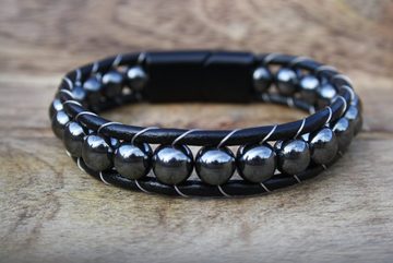 NAHLE Armband Herren Lederarmband Hämatit Perlen (inkl. Schmuckbox), aus Echtleder, mit Magnetverschluss für ein sicheres verschließen