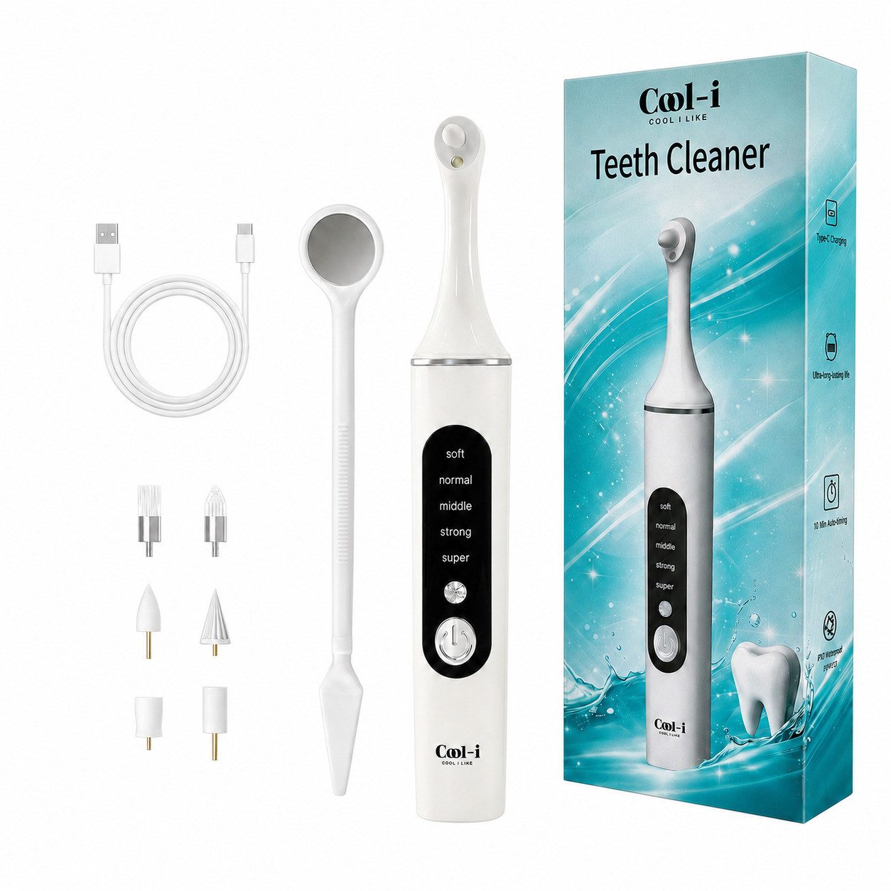 COOL-i ® Mundpflegecenter Zahnpolierer Set mit LED & 5 Modi& 6 Köpfen, Für kosmetische Zahnpflege, sanftes Aufhellen & frischen Atem