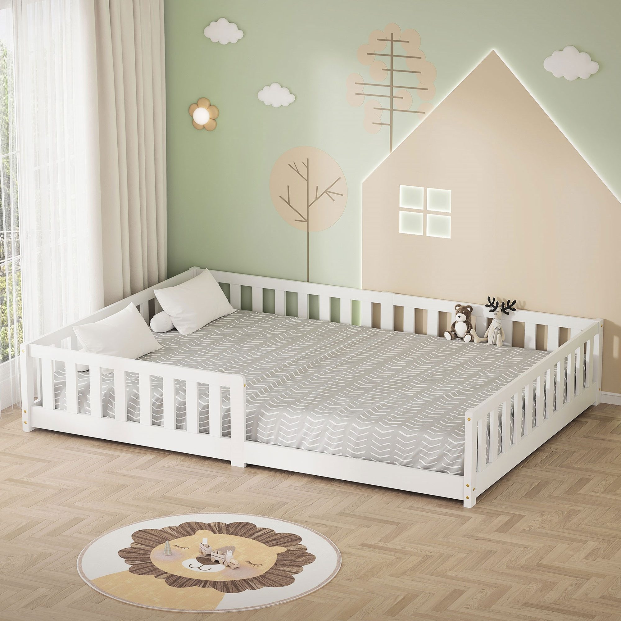 ML-DESIGN Spielbett Bodenbett Holzbett mit Lattenrost & Rausfallschutz Jugendbett Babybett, Abenteuerbett 140x200cm Weiß Kinderbett Bettgestell ohne Matratze