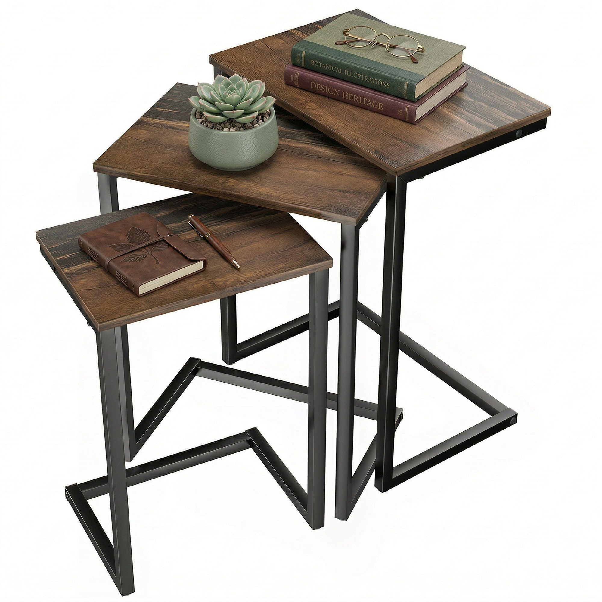 HOMCOM Beistelltisch 3er-Set Couchtische, Industriedesign für Wohnzimmer (Schreibtisch, 3-St., Couchtische), Rustikal-Braun Spanplatte, Stahl