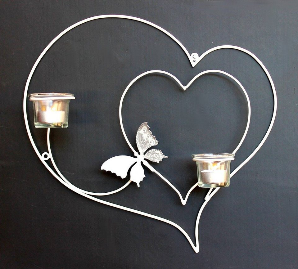 DanDiBo Wandkerzenhalter Wandteelichthalter Herz 39 cm Weiß Teelichthalter  Metall Wandleuchter Kerze