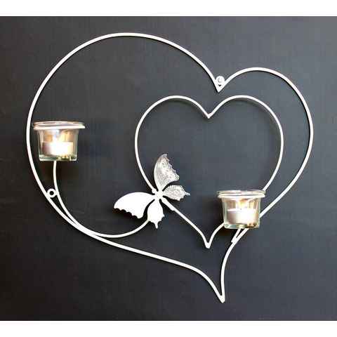 DanDiBo Wandkerzenhalter Wandteelichthalter Herz 39 cm Weiß Teelichthalter Metall Wandleuchter Kerze
