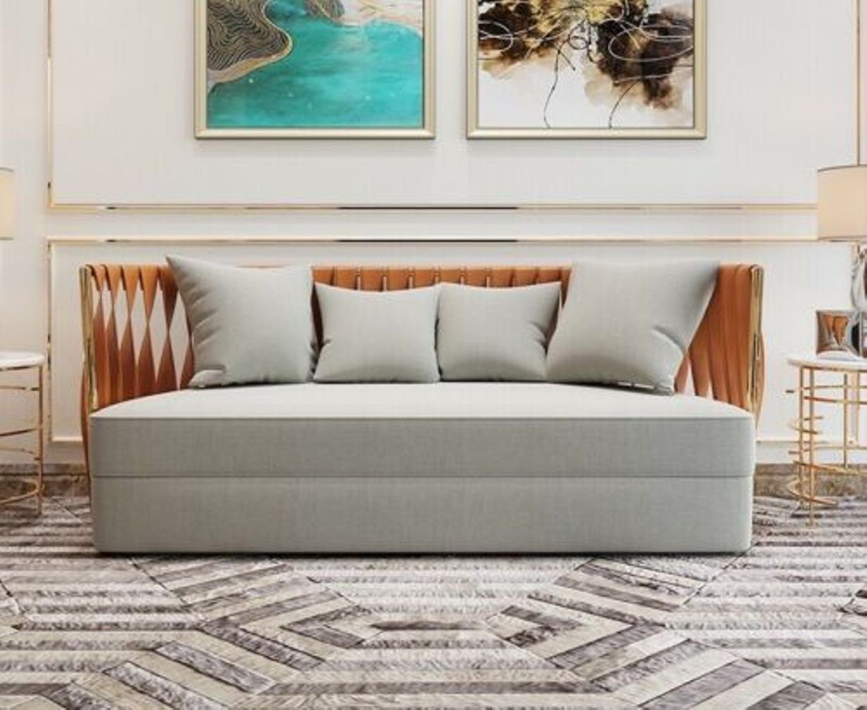 JVmoebel Wohnzimmer-Set, Metall Couch Polster Sitz Garnitur Sofa 3+1 Stoff Design Garnituren Weiß/Orange
