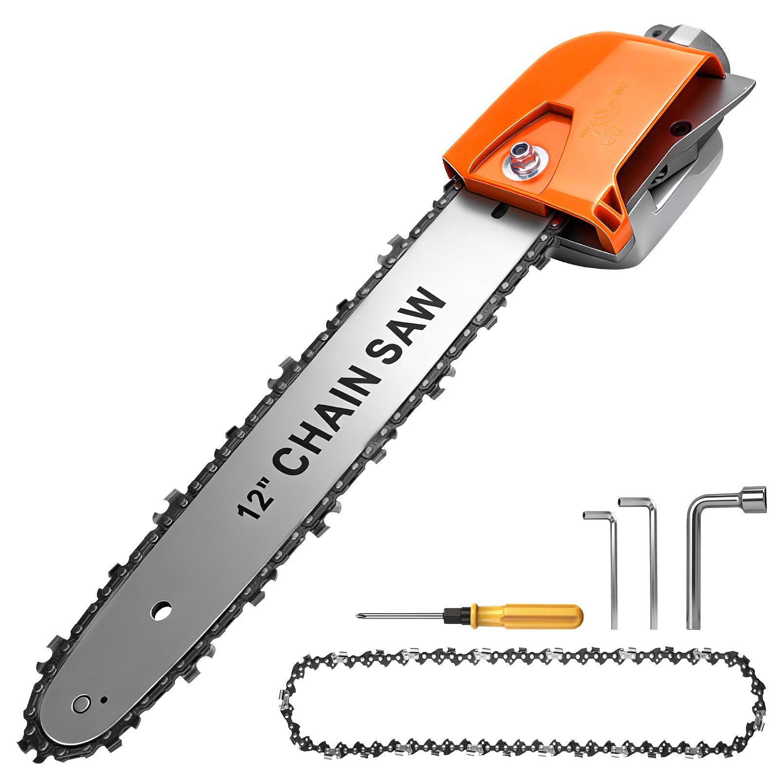 XIIW Hochentaster Kettensägen Getriebekopf Getriebe Baugruppe Stabsägen Ersatz Aufsatz, (26 mm×9T mit 12-Zoll-Kette & Ölbehälter), für Rasentrimmer Freischneider Baumschneider Gartenschere