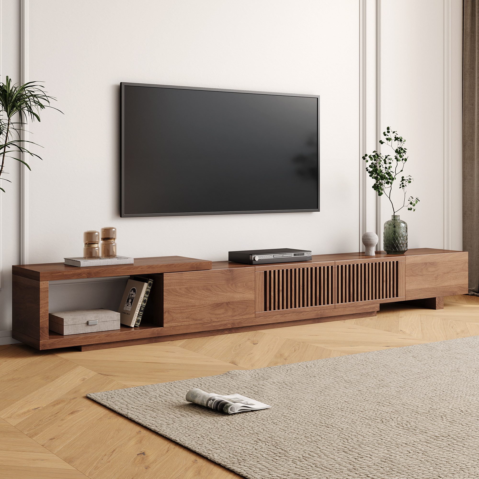 oleyluckidea TV-Schrank Mid-Century TV-Lowboard ausziehbar, Walnuss, für 80"+ TV (Set) Breite 198 cm bis 262 cm