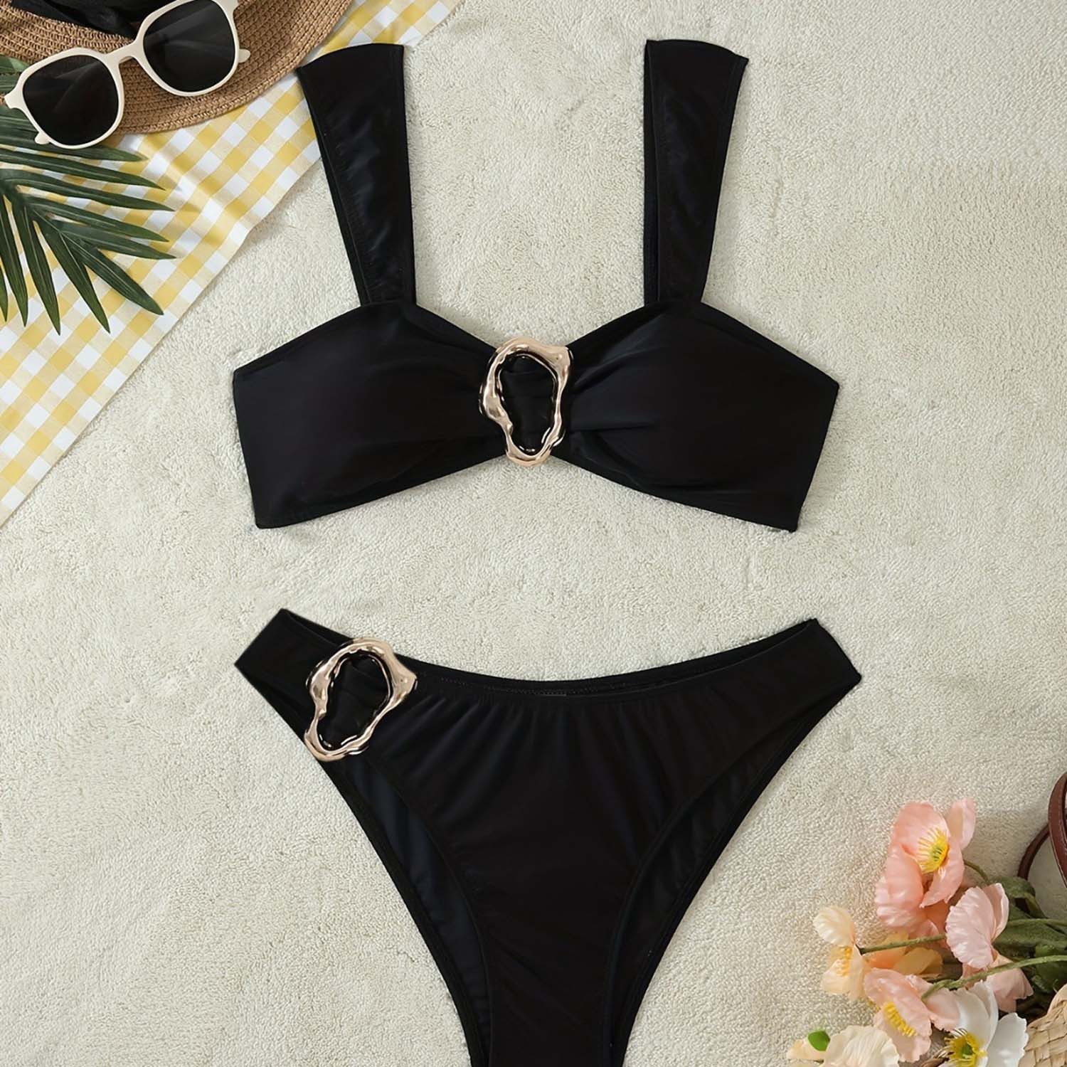 solnura Badeanzug Eleganter BikiniSet mit Metall-Detail breiten Trägern Schwarz S/M/L/XL
