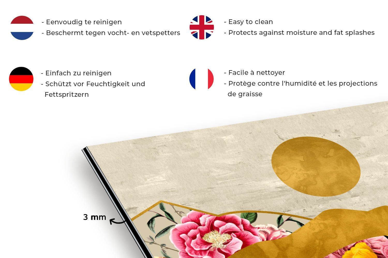 Küchen gegen MuchoWow Wandschutz, Blumen 60x30 und - (1-tlg), Abstrakt Muster, für Landschaft cm, Küchenrückwand Gold - Druck - - Fett - Schmutzflecken