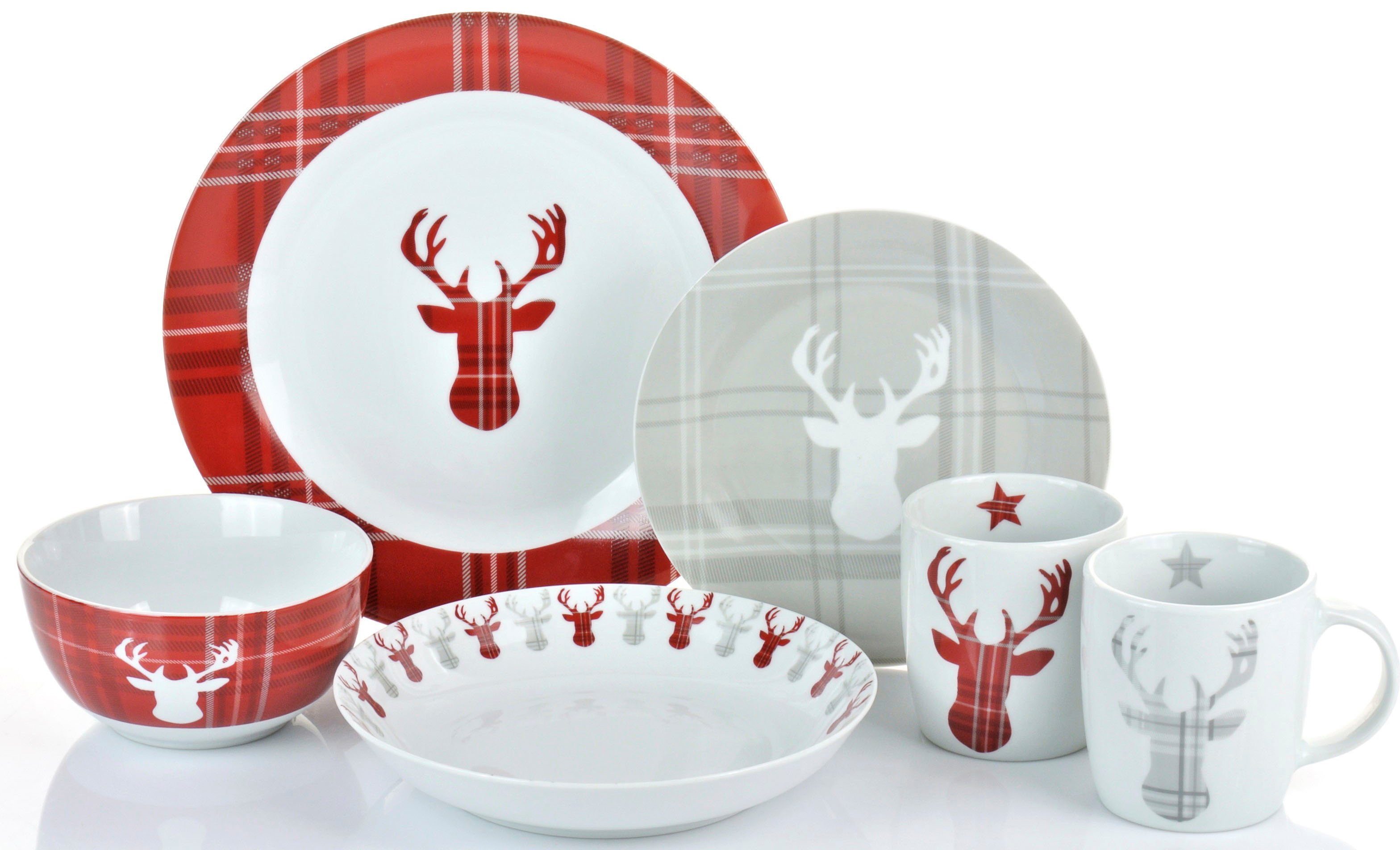 Geschirr-Set, Weihnachten Arzberg STAG, 30 Retsch (30-tlg), Kombiservice Service Porzellan, trifft 6 6 Schottenkaro, für Personen Winter, Advent, Personen, HIGHLAND Hirsch Teile,