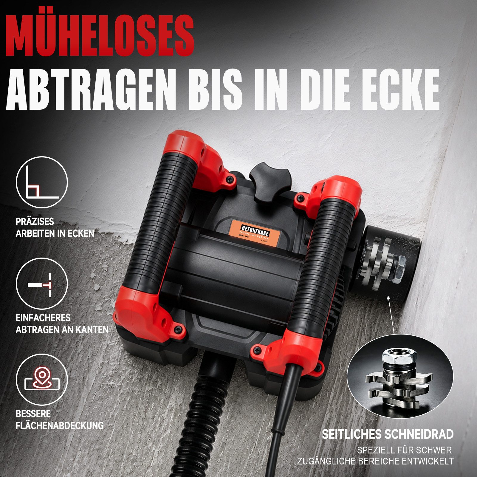 XERSEK Winkelschleifer 1600W Betonfräse Walzenfräse Putzfräse Mauerfräse Sanierungsfräse, max. 4000 U/min, (1-4mm Hobeltiefe, Betonschleifer Walzen Schleifer Fr – Bild 4 von 5