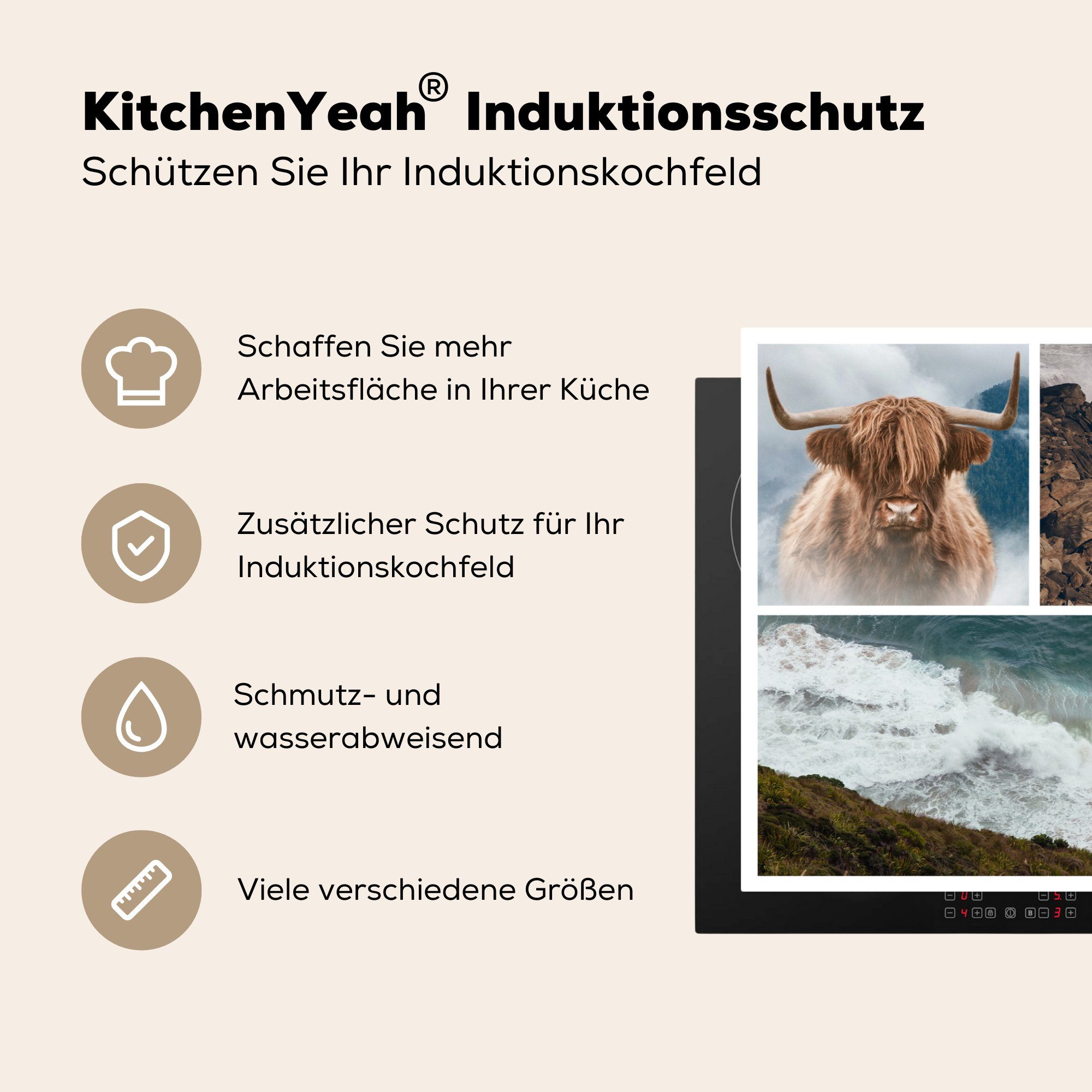 Ceranfeldabdeckung MuchoWow küche, die Collage Schottischer 81x52 Induktionskochfeld Vinyl, Highlander cm, - Herdblende-/Abdeckplatte - Schutz (1 für Meer, tlg),