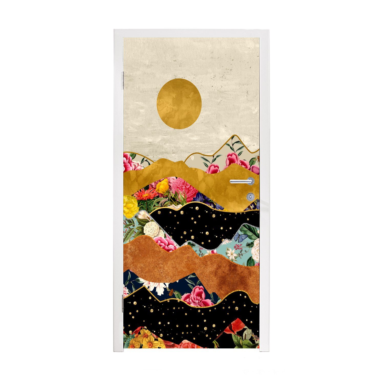 Türaufkleber, bedruckt, Türtapete Blumen (1 Matt, cm St), Fototapete - - - MuchoWow Druck Tür, Abstrakt Landschaft 75x205 - - Gold für Muster,