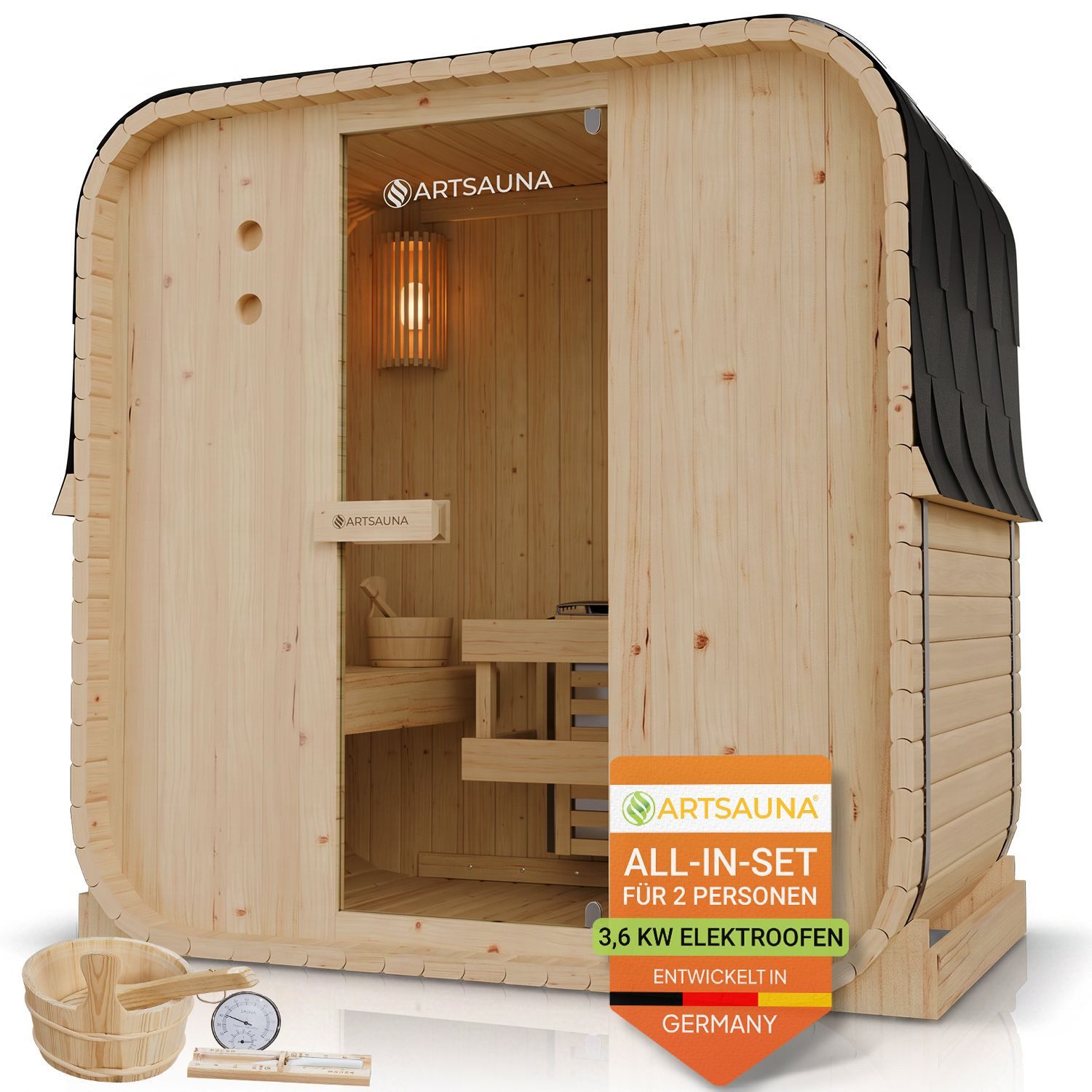 Artsauna Fasssauna Nolvik, BxTxH: 185 x 120 x 194 cm, 38 mm, Für 2 Personen, 3,6 kW Saunaofen, Fichtenholz, Zubehör-Set