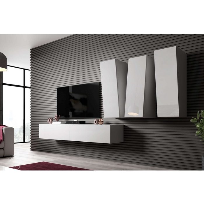 Stylefy Wohnwand Vago SLATE I (Set (4-St) Wohnmöbel Wohnzimmer-Set) bestehend aus 1xLowboard und 3xHängeschrank mit Push-to-Open Modern Design variabel hängbar