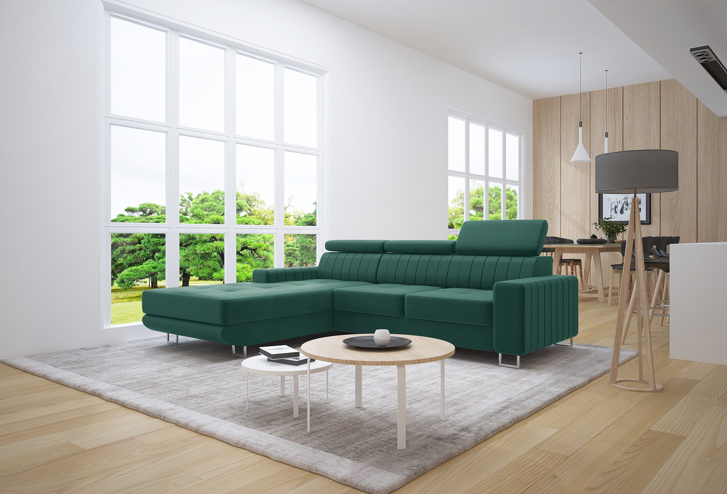 thematys Ecksofa EVORA mit Schlaffunktion und Bettkasten, Samt Velours, - mit verstellbaren Kopfstützen, – L-Form 250×183 cm – Schlafsofa mit Auszug