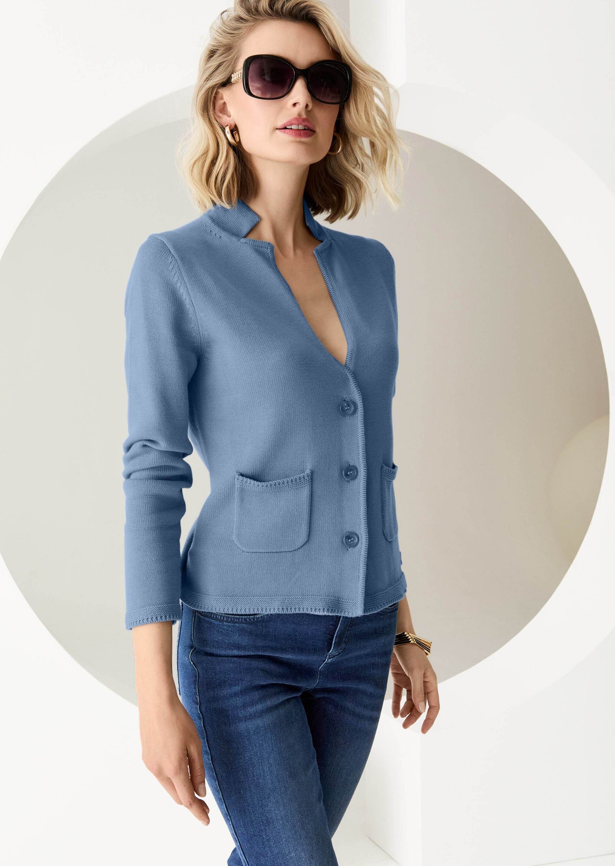 MADELEINE Strickjacke Eleganter Blazer mit feinem Glattstrick Jacke mit Reverskragen und angeschnittenem Stehkragen, Langarm