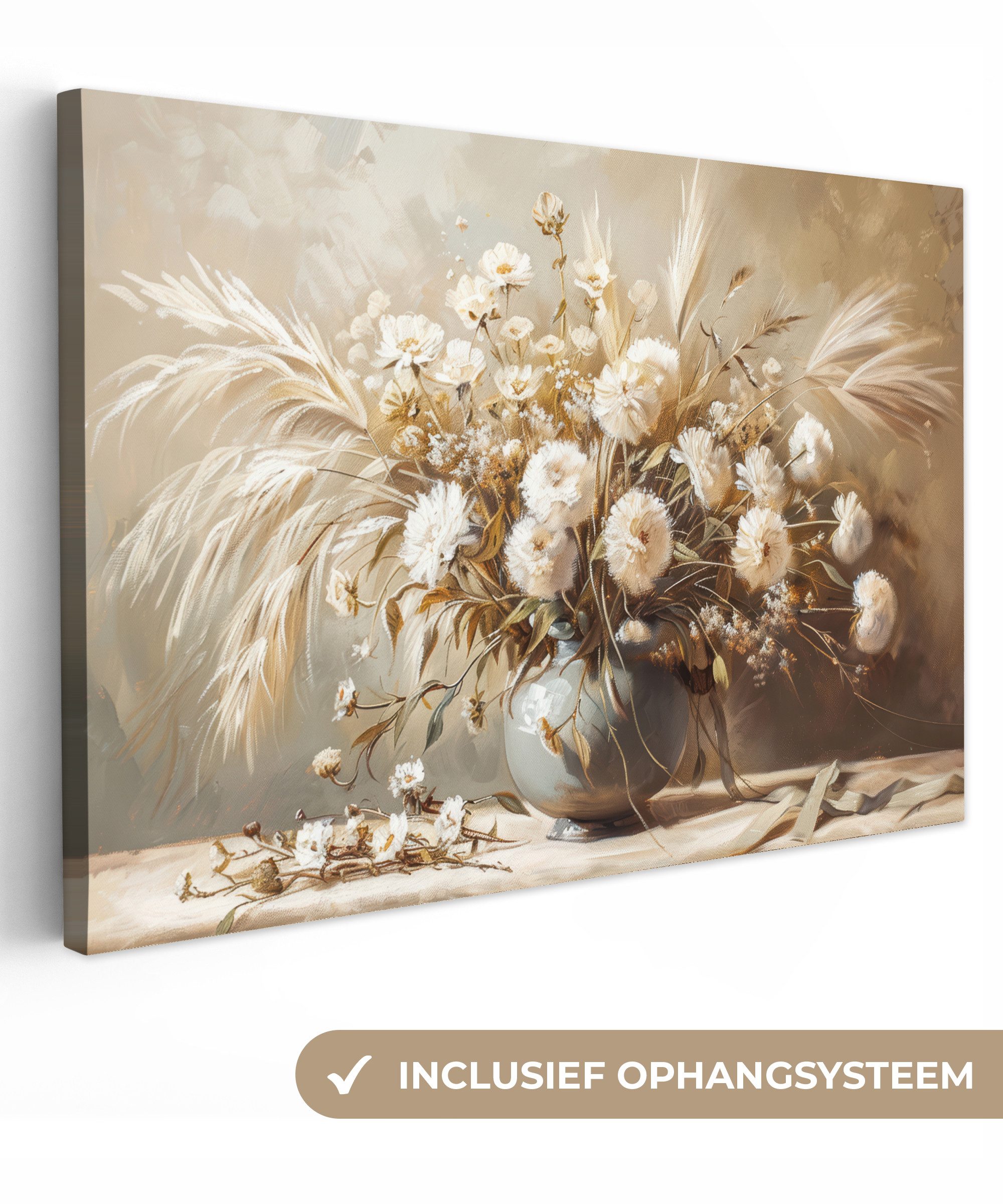 OneMillionCanvasses® Leinwandbild Blumen - Vase - Stilleben - Beige, Fotodruck (1 St), Leinwand Bilder Klein, Wand Dekoration Aesthetic 30x20 cm