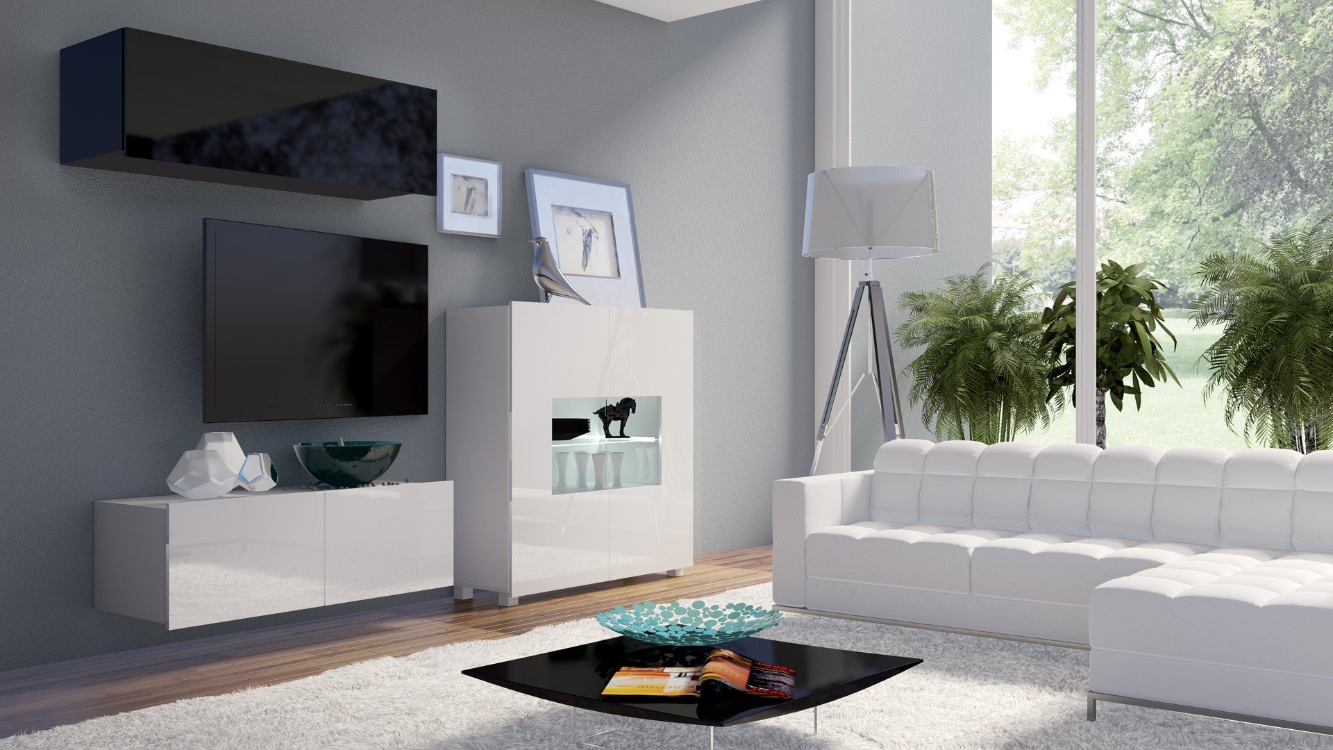 Stylefy Wohnwand Bietula, (Set (3-St), Wohnzimmer-Set), bestehend aus 1xWandboard, 1xLowboard und 1xKommode, wahlweise mit LED-Beleuchtung, variabel hängbar Weiß Hochglanz - Schwarz Hochglanz