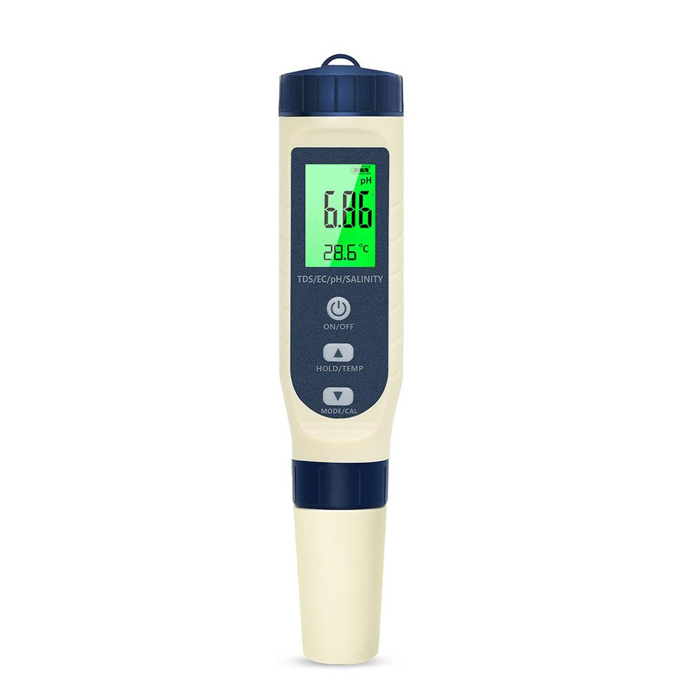 FOUORTUNATE-BEE pH-Messgerät Wasser, PH/TDS/EC/Salzgehalt/Thermometer 5 in 1, (pH Wert Messgerät mit LCD-Display, Automatischer Temperatur Kompensations pH Tester, Hochpräziser Wassertester Ideal für Trinkwasser, Pool)