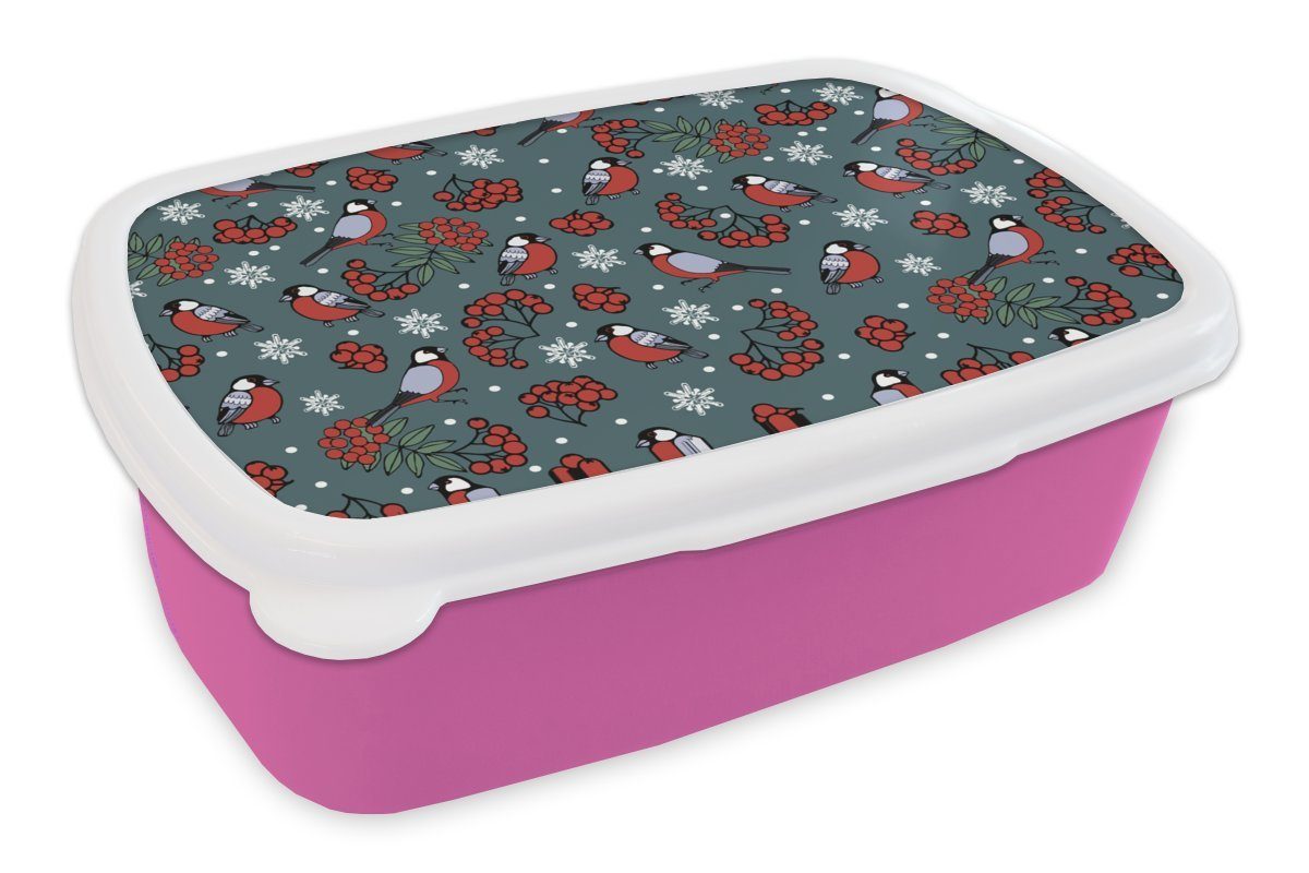 MuchoWow Lunchbox Vogel - Weihnachten - Schnee - Beere - Muster, Kunststoff, (2-tlg), Brotbox für Erwachsene, Brotdose Kinder, Snackbox, Mädchen, Kunststoff rosa